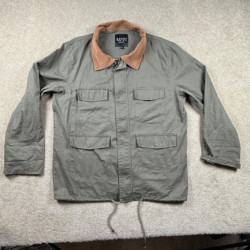 BoohooMAN Mens XL Olive Green Utility Field Jacket Corduroy Collar Full Zip